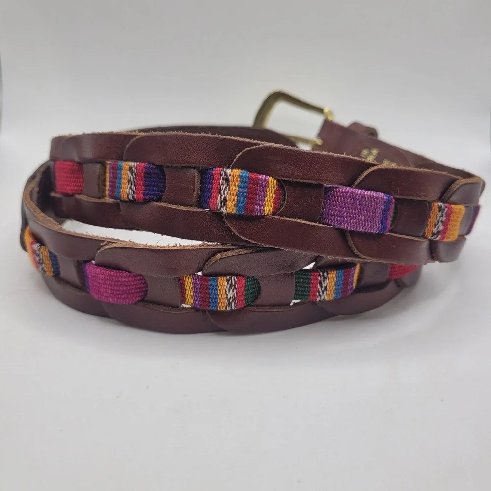Brown Leather Belt Lg Woven Colorful Fabric Boho Folk Artisan Ethnic Guatemala